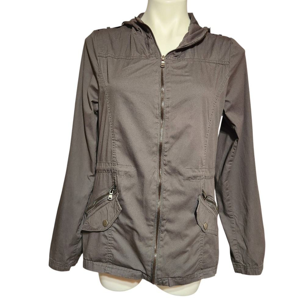 Love Me Now Womens XL Gray Cotton Utility Jacket Hooded Full Zip Roll Tab Sleeve